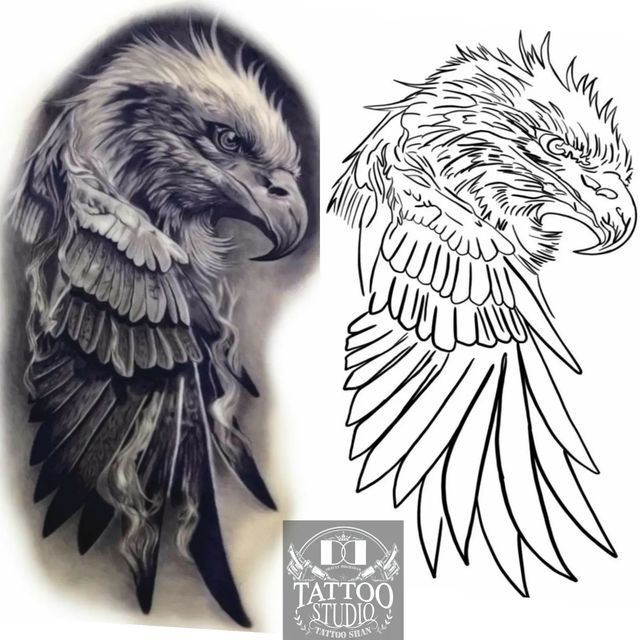 an eagle tattoo design on the back of a man's arm and shoulder, with black