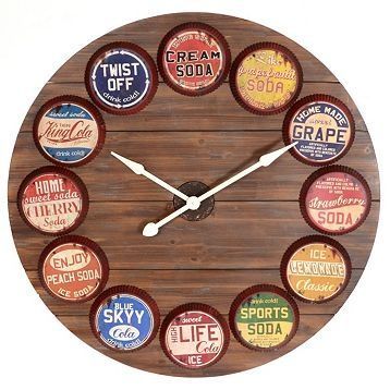 a wooden clock with different types of soda bottles on it