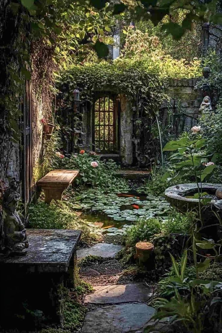 an outdoor garden with lots of plants and water lilies on the ground, surrounded by greenery