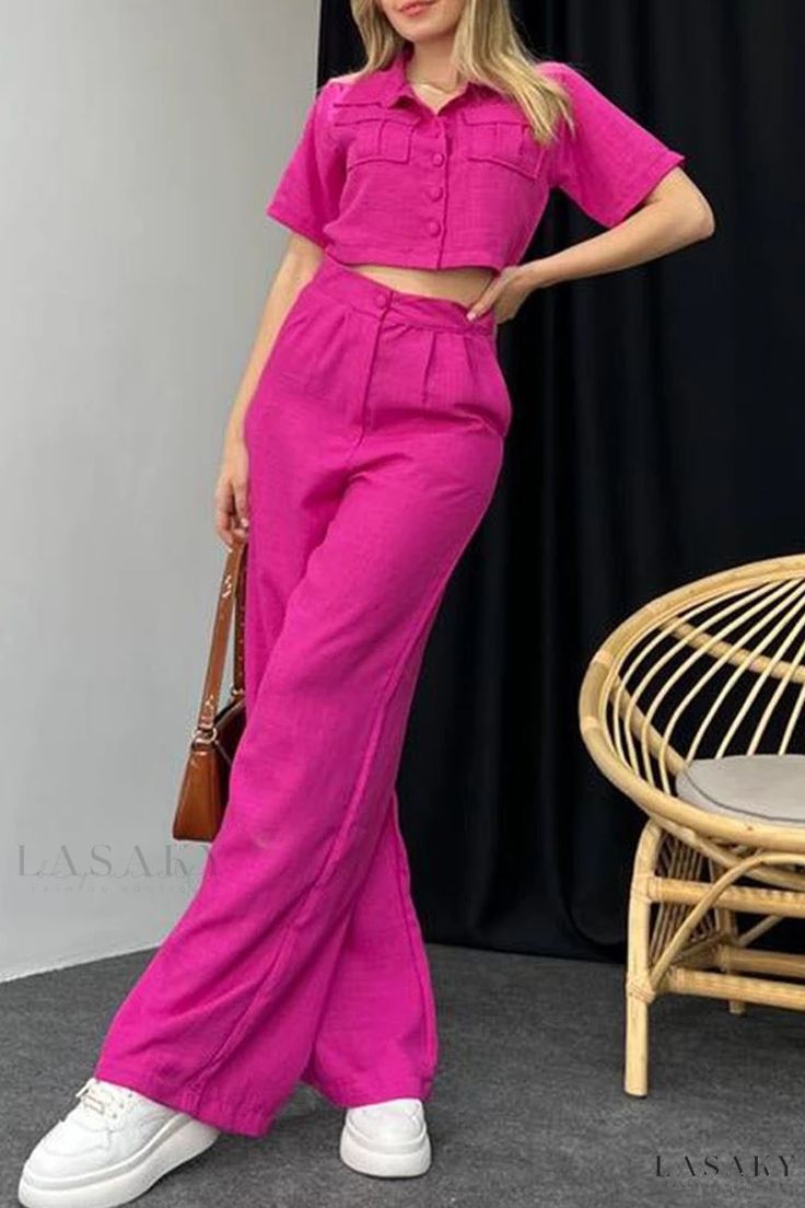 Lasaky - Casual Short Sleeve Two-Piece Set with Solid Buttons and Turndown Collar Short Sleeve Suit, Look Rose, Bodycon Casual, Two Piece Jumpsuit, Casual Day Outfits, Easy Trendy Outfits, Maxi Dress Cocktail, Turndown Collar, Plus Size Kleidung