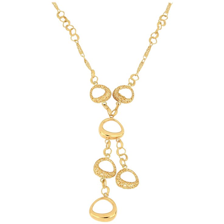 This fabulous 18 karat gold necklace, designed and made in Italy, with exquisite craftsmanship. Parts of the jewellery piece is hollowed out by electroforming and other parts are carved out and all connected by interlocking chain. The piece is simply elegant and stylish. O’Che 1867 was founded one and a half centuries ago in Macau. The brand is renowned for its high jewellery collections with fabulous designs. Our designs reflect the cultural and aesthetic value of its origin – Macau, where East Yellow Gold Pendant Necklace With Elegant Design, Elegant Long Necklace With Polished Finish, Elegant Gold-tone Chain Necklace With Polished Finish, Elegant Yellow Gold Plated Necklaces, Exquisite Gold Necklace With Elegant Design, Elegant Gold Plated Lariat Necklace, Elegant Round Gold Plated Lariat Necklace, Elegant Round Gold-plated Lariat Necklace, Elegant Gold Plated Lariat Necklace For Formal Occasions