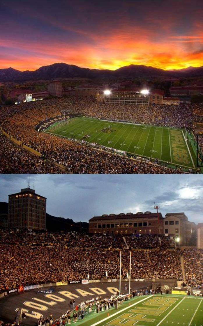 two pictures of a football stadium at sunset and the same photo taken from an upper level balcony