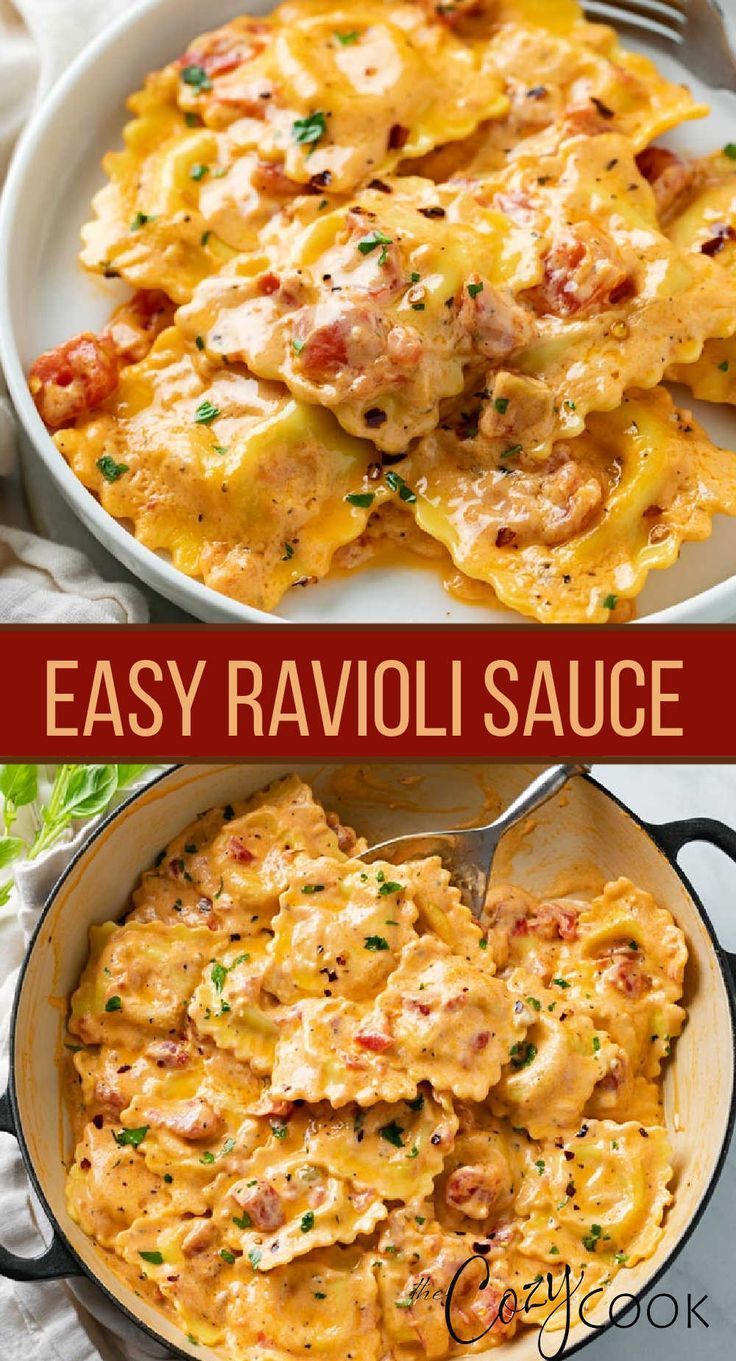 an easy ravioli sauce in a skillet with chicken and cheese