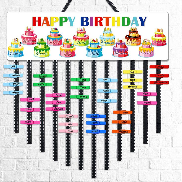 a happy birthday sign hanging from the side of a white brick wall with lots of cake on it