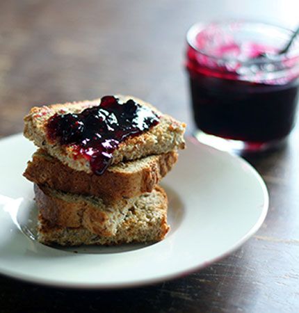 two pieces of bread on a plate with jam