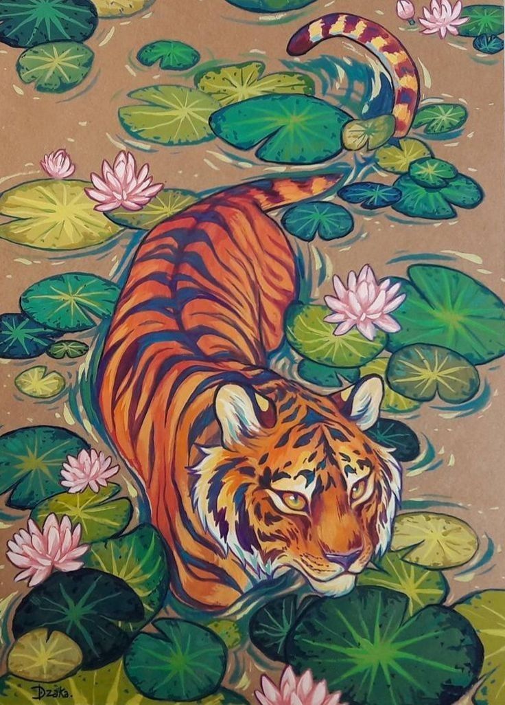 a painting of a tiger walking through water lilies and lily pads on a brown background