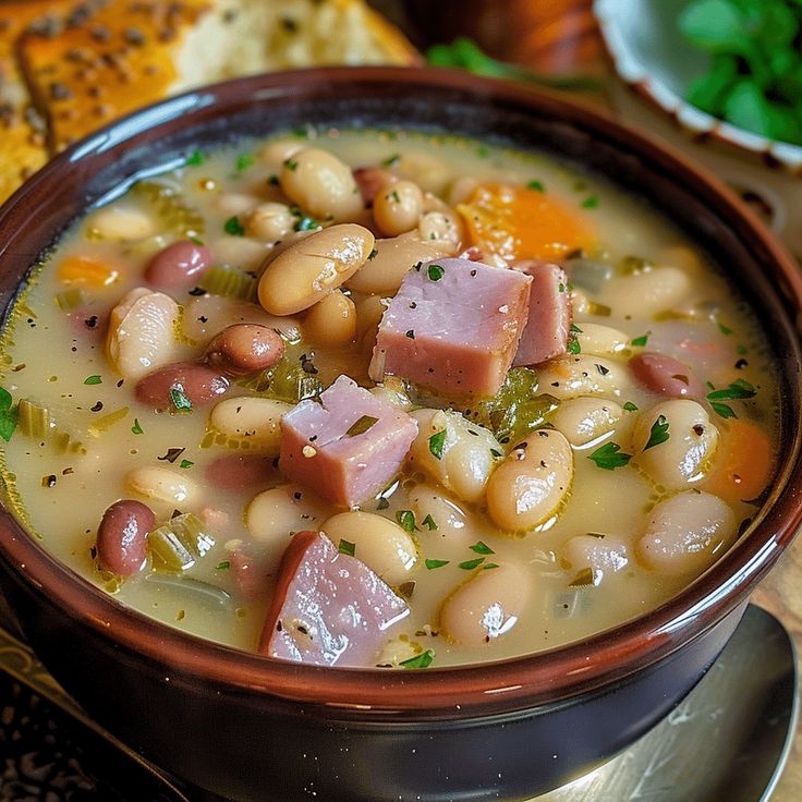 a bowl of soup with ham and beans