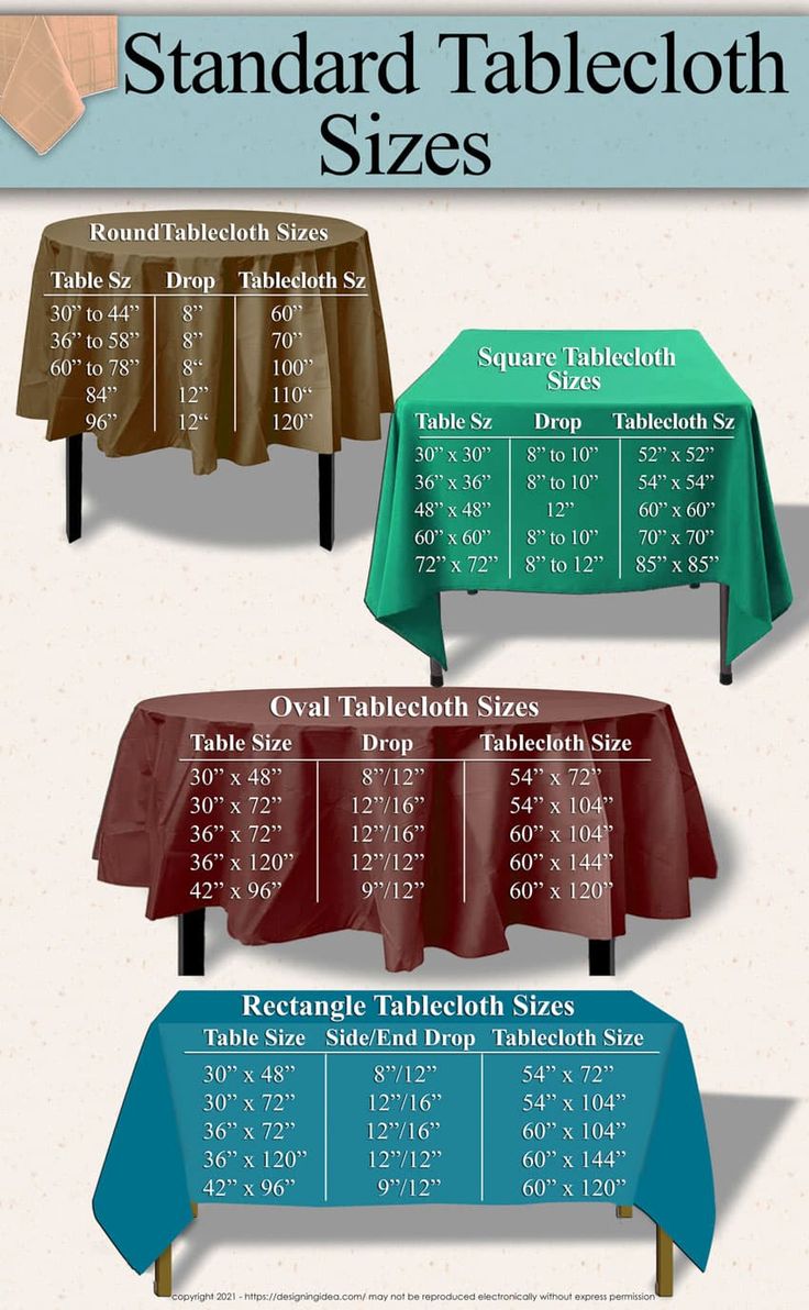 the tablecloth sizes are shown in three different colors and sizes, including one for each table