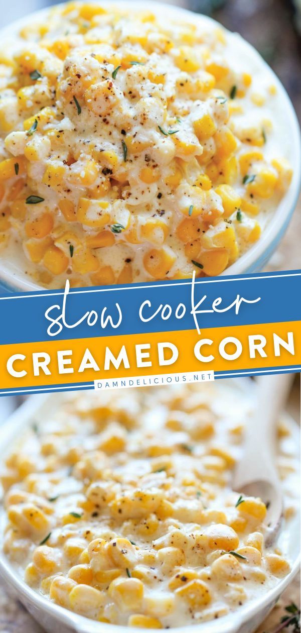 SLOW COOKER CREAMED CORN, thanksgiving side dishes, thanksgiving dinner recipes Crockpot Sides For Easter, Slow Cooker Cream Corn, Easter Sides Crockpot, Easter Dinner Ideas Crockpot, Thanksgiving Sides Crockpot Easy Recipes, Easter Corn Side Dishes, Crock Pot Creamed Corn, Thanksgiving Sides Dishes Crockpot, Easter Side Dishes Crockpot