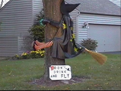 there is a tree that has been decorated to look like a scarecrow with a broom