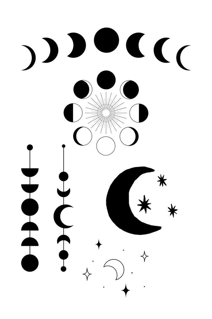 the phases of the moon are shown in black and white, with stars above them