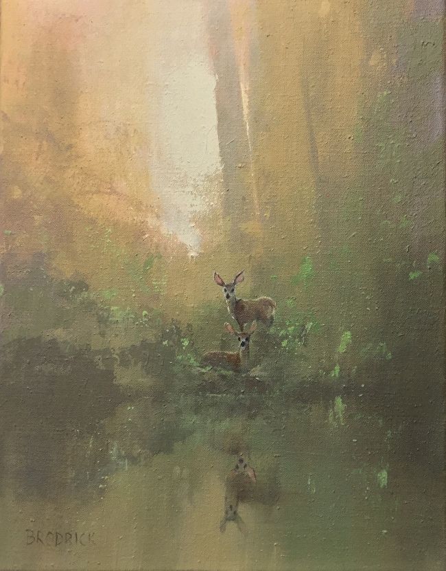 an oil painting of a deer standing in the water