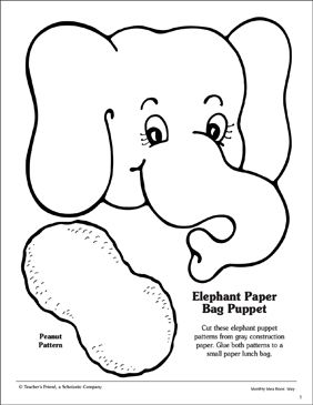 an elephant paper bag puppet with the words elephant paper bag puppet on it's face