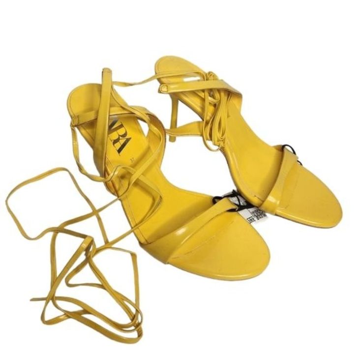 Zara Yellow Ankle Tie Heels -Yellow -Ankle Strap -Nwt Heels Yellow, Zara Pumps, Black Formal Shoes, Ankle Tie Heels, Tassel Heels, Tie Heels, Pointy Heels, Black Platform Shoes, Zara Heels