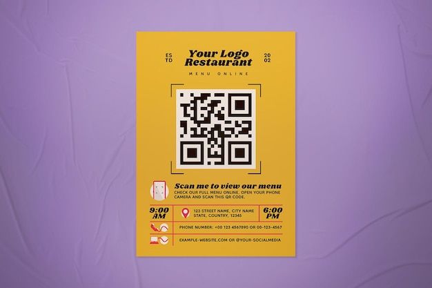 a yellow restaurant menu with qr code on the front and back cover is displayed against a purple background