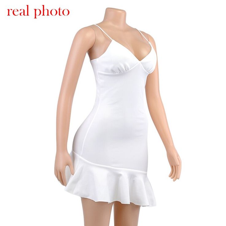 FREE SHIPPING Elegant Ruffles Mini Dress Spaghetti Straps JKP4611 Flirty Fitted V-neck Suspender Dress, White V-neck Suspender Dress For Party, White Fitted Cami Suspender Dress, White Fitted Flirty Suspender Dress, White Fitted Suspender Dress With Spaghetti Straps, Chic Fitted V-neck Suspender Dress, White Fitted Suspender Dress, White Camisole Mini Dress For Party, White Cami Mini Dress For Party