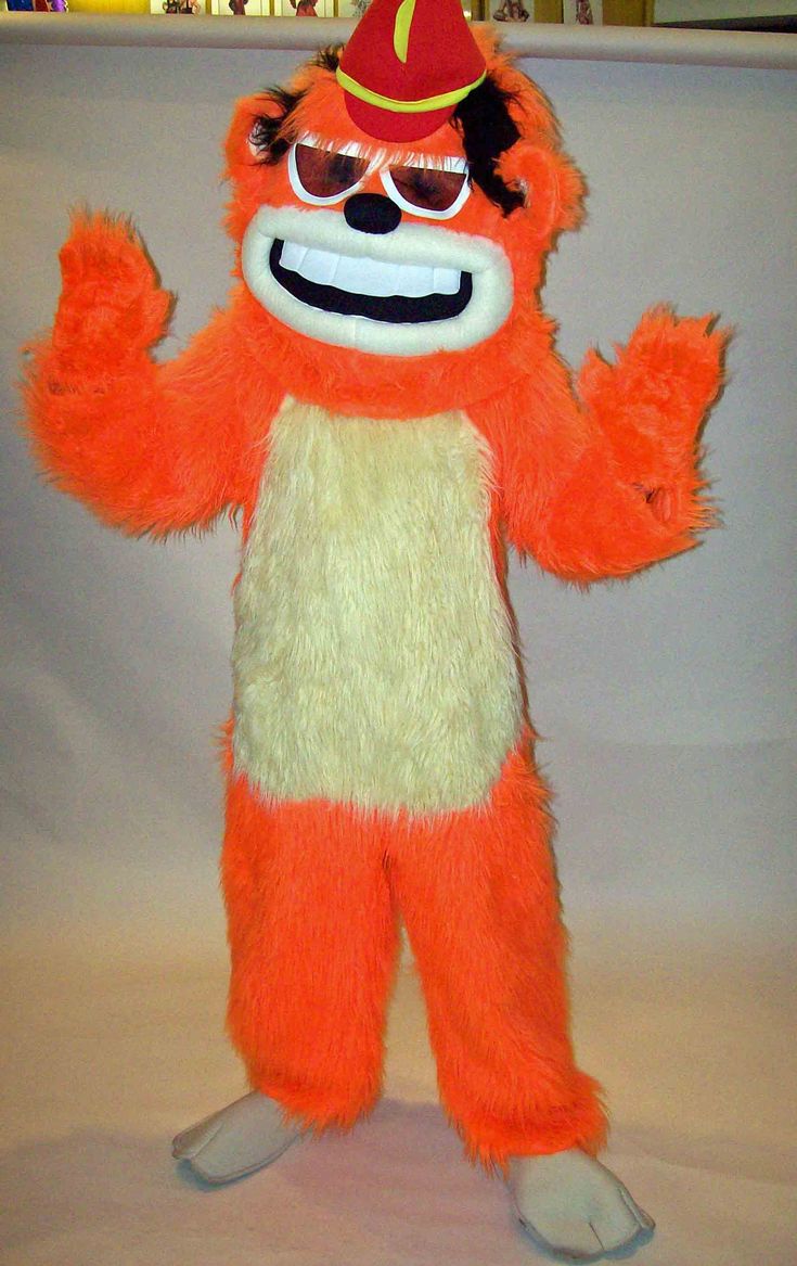 an orange and white stuffed animal with sunglasses on it's head, arms outstretched