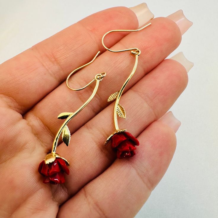 14K Yellow Good  Marking: 14K Red Rose Earrings, Cool Earrings, Rose Earrings, Jewelry Earrings Hoops, Red Rose, Red Gold, Favorite Jewelry, Red Roses, Etsy Earrings