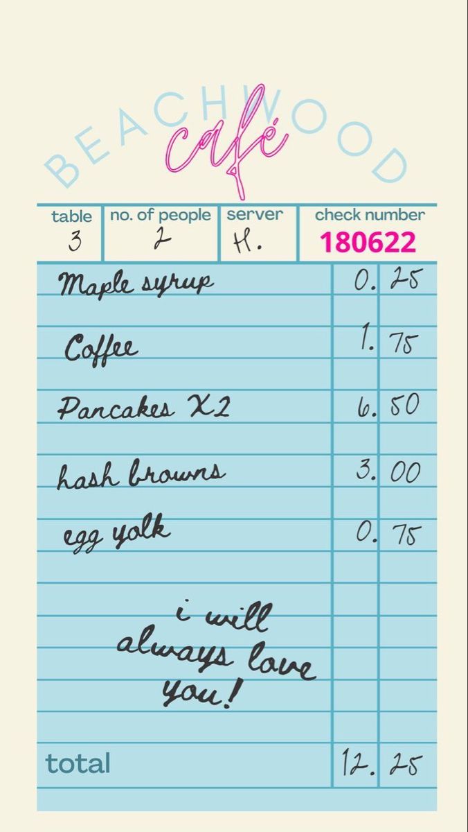 the beachwood cafe receipt is shown in pink and blue, with handwritten numbers on it