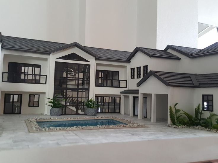 a model house with a pool in front of it and landscaping around the outside area