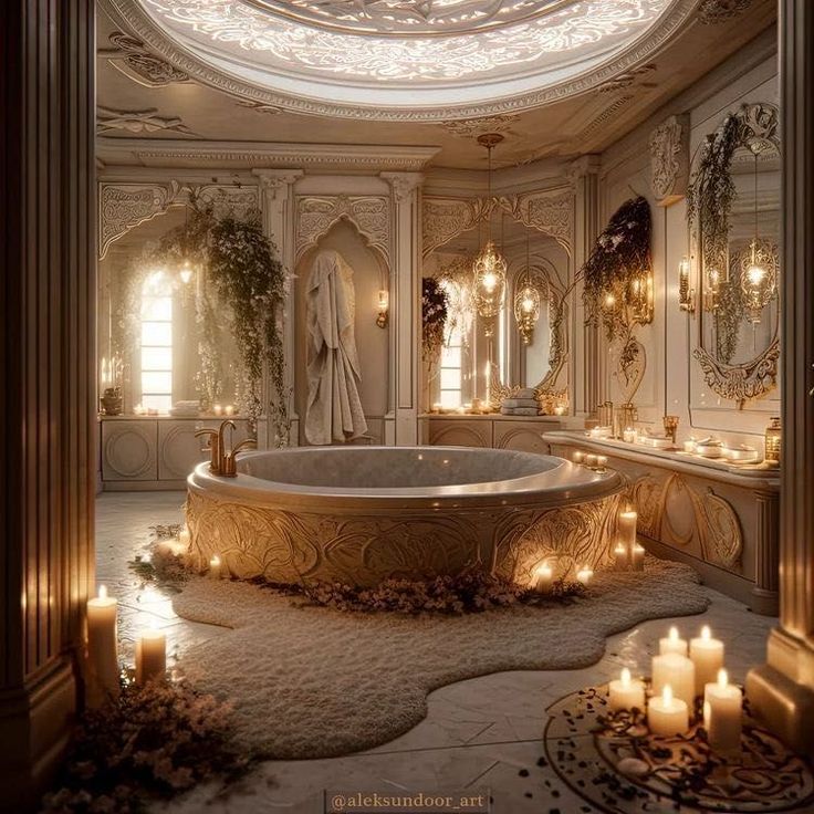 a fancy bathroom with candles lit around the tub