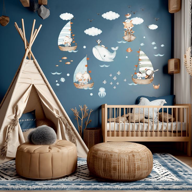 a child's room with a teepee tent and toys