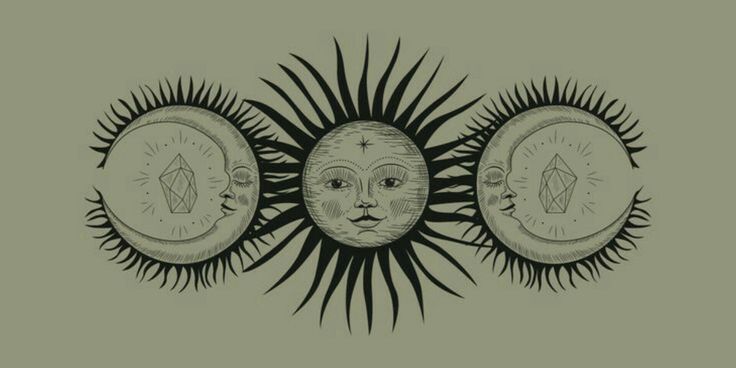 three sun and two moon faces are depicted in this drawing