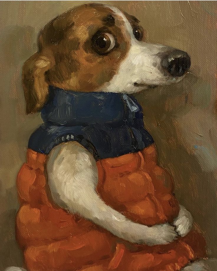 a painting of a dog wearing an orange dress