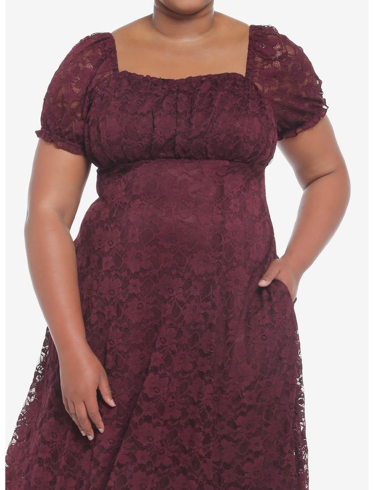 Burgundy Floral Lace Midi Dress Plus Size Doll Silhouette, Midi Dress Plus Size, Lace Layers, Medieval Dress, Plus Size Fits, Burgundy Floral, Lace Midi, Pin Up Style, Lace Midi Dress