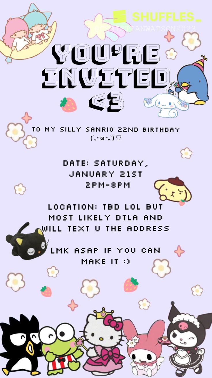 an advertisement for a birthday party with cartoon characters on the front and back of it