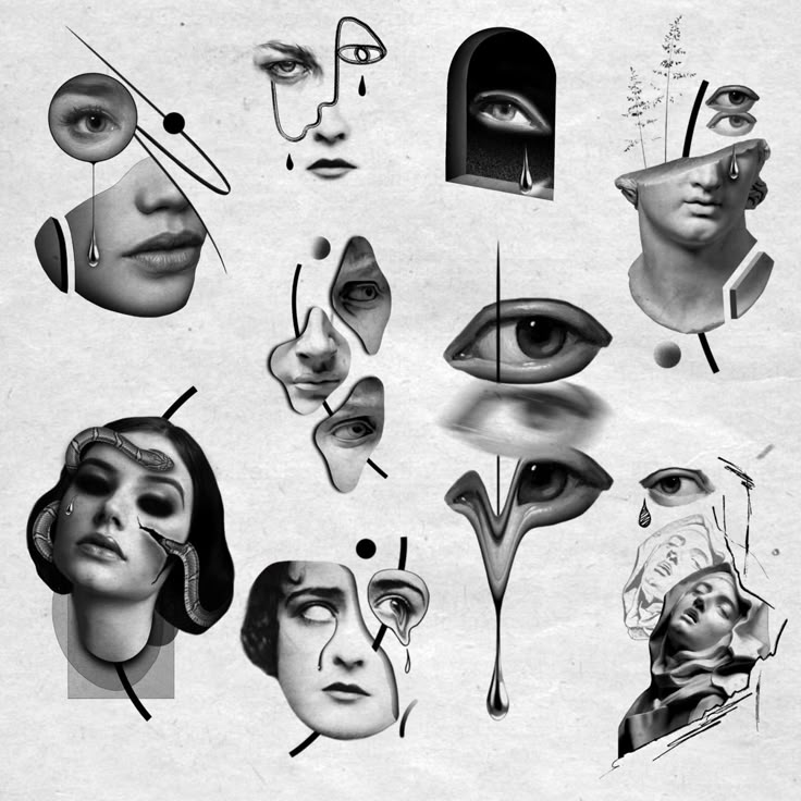 an old black and white photo with many different facial shapes, including the eyeballs