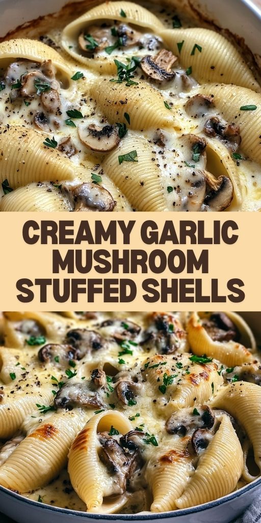 creamy garlic mushroom stuffed shells in a skillet with text overlay that reads, creamy garlic mushroom stuffed shells