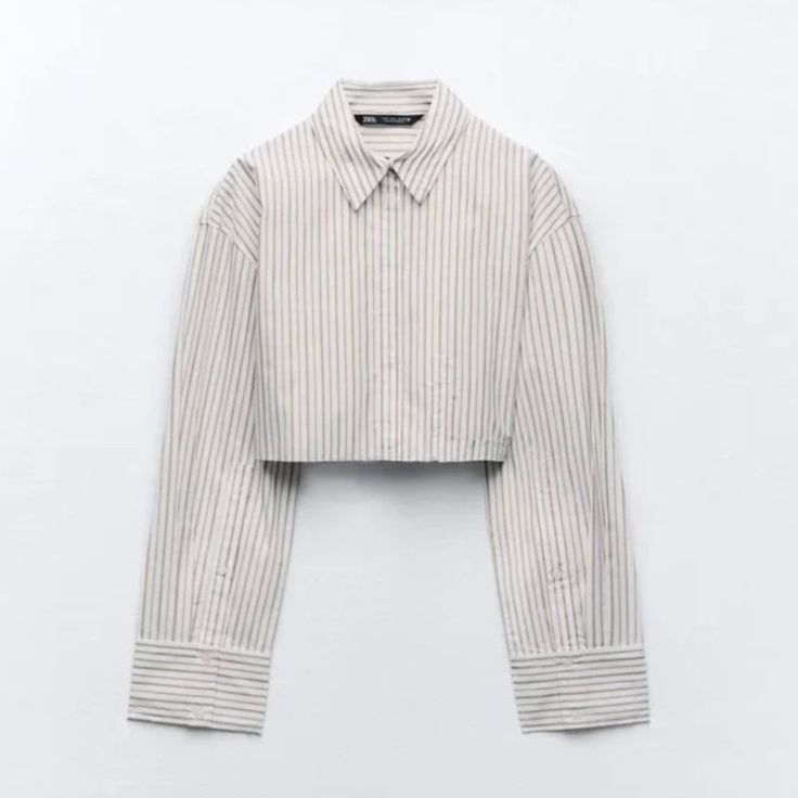 Nwt Zara Striped Crop Shirt Brown / White White Cropped Shirt For Spring, Chic White Cropped Shirt For Office, Chic White Cropped Shirt For Work, White Cotton Cropped Shirt For Spring, White Fitted Cropped Shirt For Fall, Elegant White Cropped Shirt For Spring, White Button-up Cropped Shirt For Fall, White Fitted Cropped Shirt Chic Style, Chic Fitted White Cropped Shirt