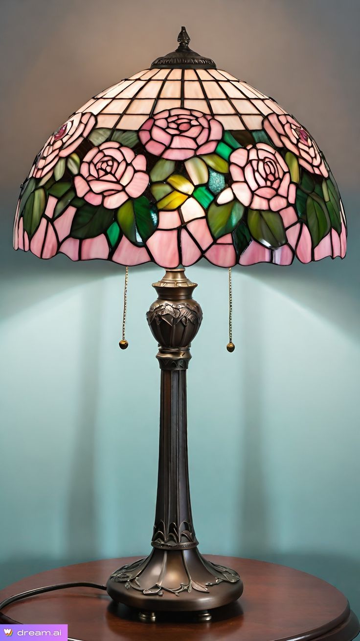 a stained glass lamp on a table with a blue wall behind it and a wooden base