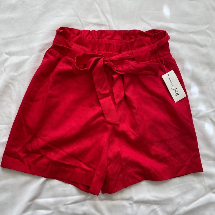 Maison Jules High Waisted Shorts - Stretchy Waistline - Size: Small - Nwt - Fabric Tie Belt - Color: Red Red Pajama Shorts With Elastic Waistband, Red Cotton Shorts For Day Out, Red Summer Pajama Shorts With Elastic Waistband, Chic Red Shorts For Spring, Chic Red Beach Shorts, Chic Red High-waisted Shorts, Chic Red Spring Shorts, Red Cotton Vacation Shorts, Chic Red Bottoms With Built-in Shorts