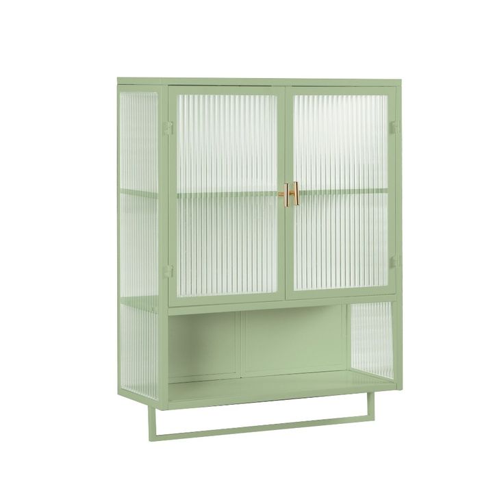 a green cabinet with glass doors on the top and bottom shelf, in front of a white background