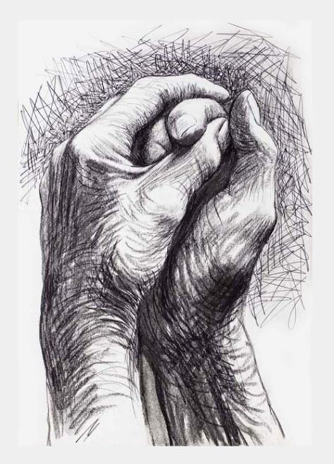 a pencil drawing of a hand holding something in it's right hand with the other hand