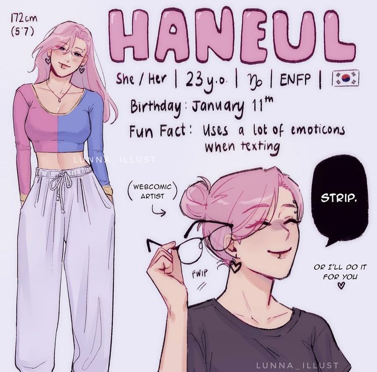 a drawing of a woman with pink hair and glasses, next to a poster that says haneul