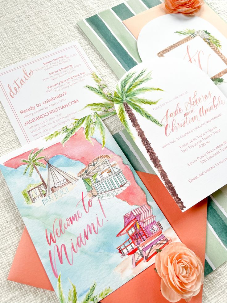 the wedding stationery is decorated with watercolors and palm trees, including an orange rose