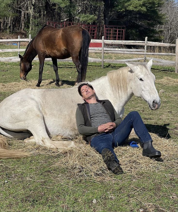 a man laying on the ground next to a horse in a fenced in area