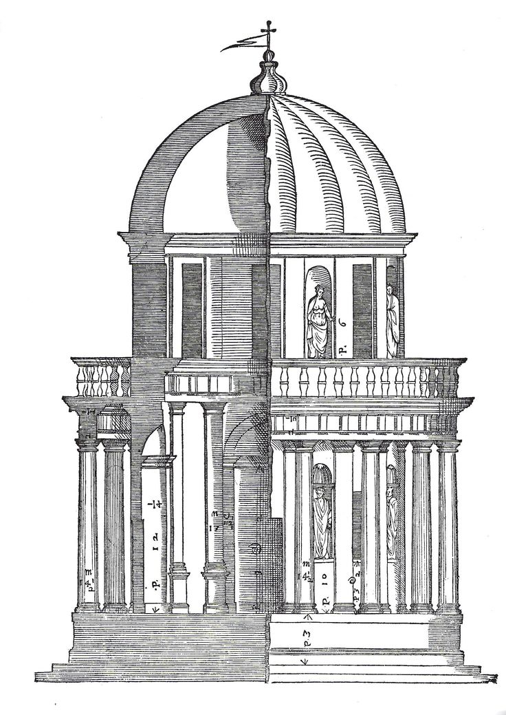 an old drawing of a building with a dome on top