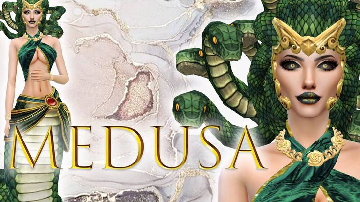 an image of a woman in green and gold costume with snakes on her head, as well as the words medusa