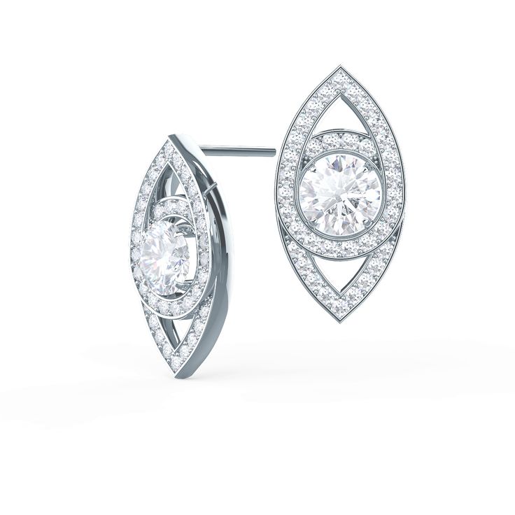 Marquise Eye Studs by Ada Diamonds. Lab grown diamond stud earrings in 18k white gold. Large round brilliant diamond center stone suspended in a marquise shape. Luxury White Marquise Diamond Earrings, Formal Diamond Earrings With Diamond Eyes, Classic Diamond Earrings With Diamond Eyes For Formal Occasions, Formal White Gold Earrings With Diamond Eyes, White Diamond Earrings With Marquise Cut And Prong Setting, White Diamond Marquise Earrings, White Marquise Cut Diamond Earrings, Diamond White Marquise Cut Diamond Earrings, Marquise Diamond Earrings With Platinum Accents