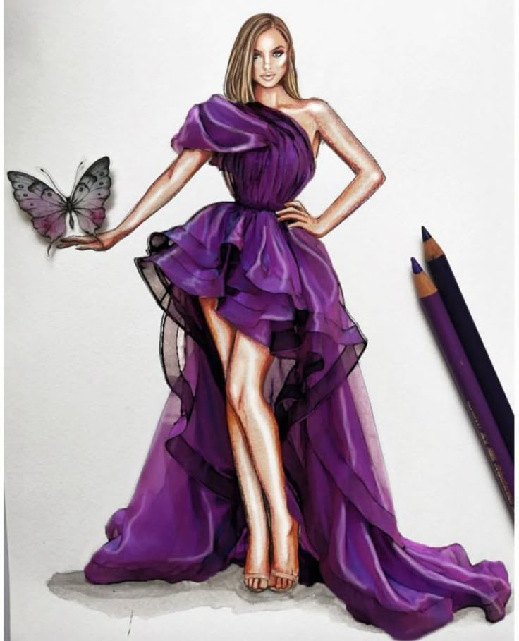 a drawing of a woman in a purple dress with a butterfly on her arm and legs