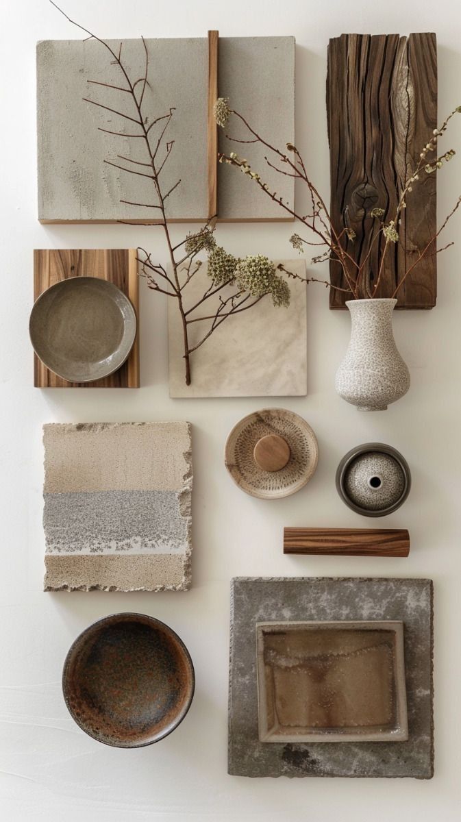 various items are arranged on the wall with white paint and brown wood trimmings