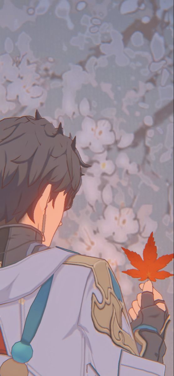 an anime character holding a maple leaf in his hand