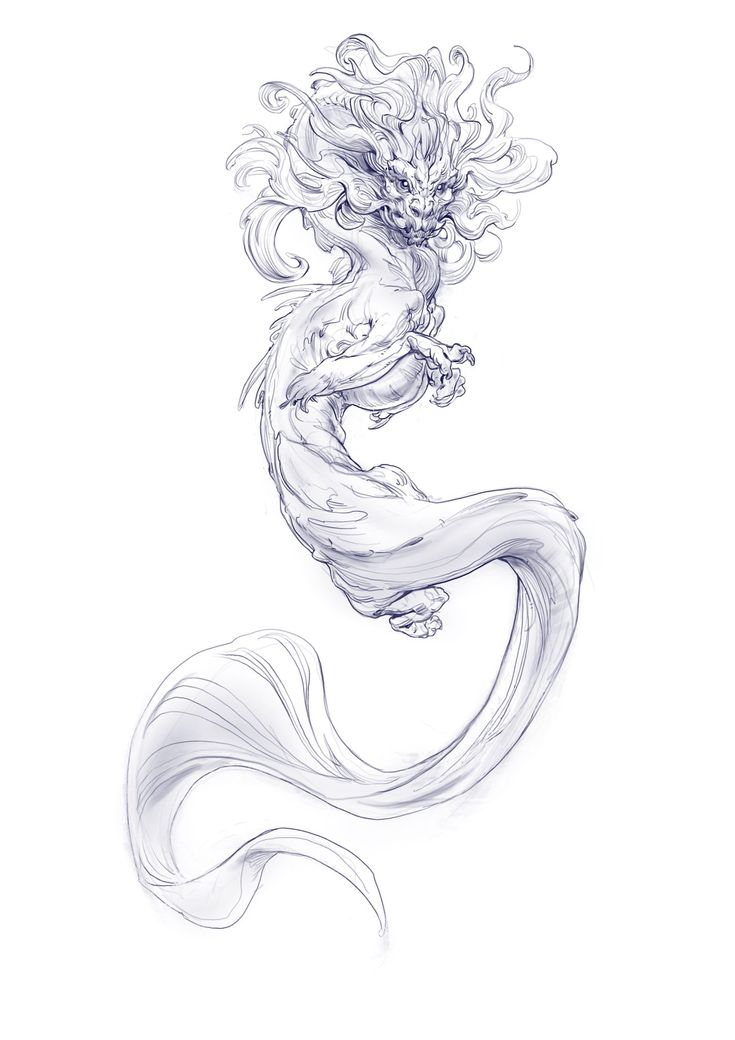 a pencil drawing of a mermaid with her tail curled up and hair blowing in the wind