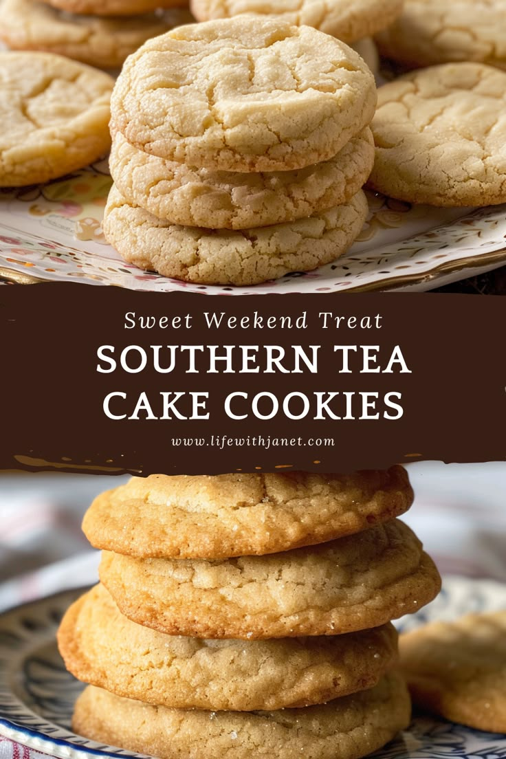 several cookies stacked on top of each other with the words sweet weekend treat southern tea cake cookies