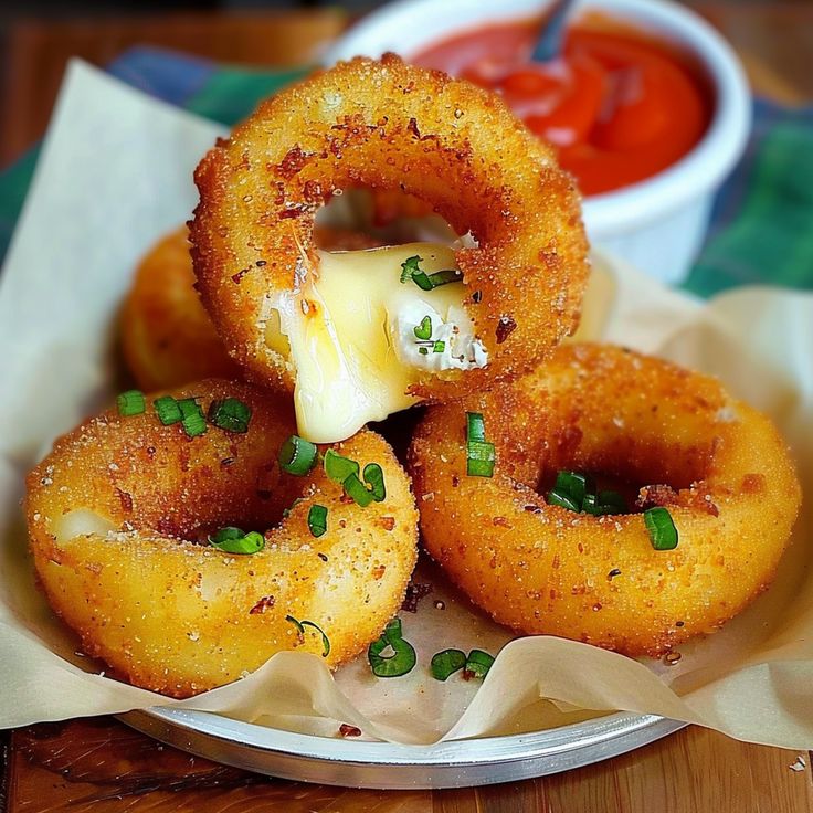 onion rings with cheese and chives on a plate