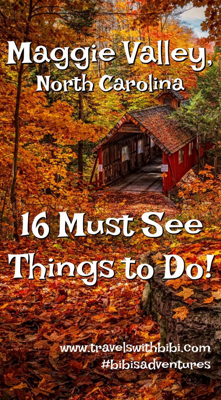 an old cabin surrounded by fall leaves with the words maggie valley, north carolina 16 must see things to do